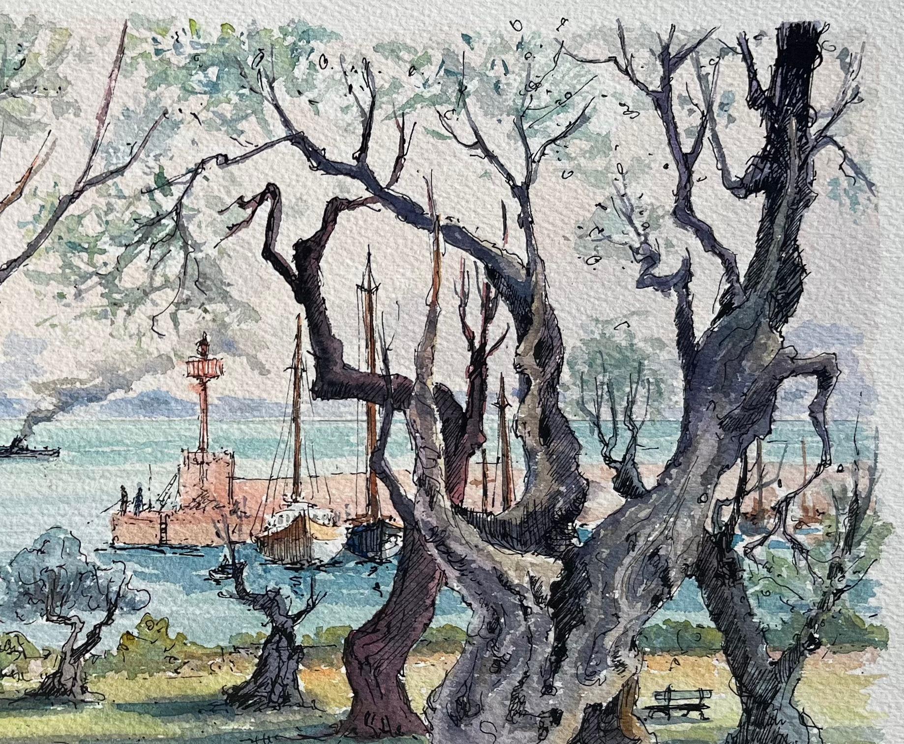 Acuarela francesa de Beaulieu-sur-Mer con olivos y vista del puerto - Landscape Painting Gris de Robert Lepine (1929 - 2017)