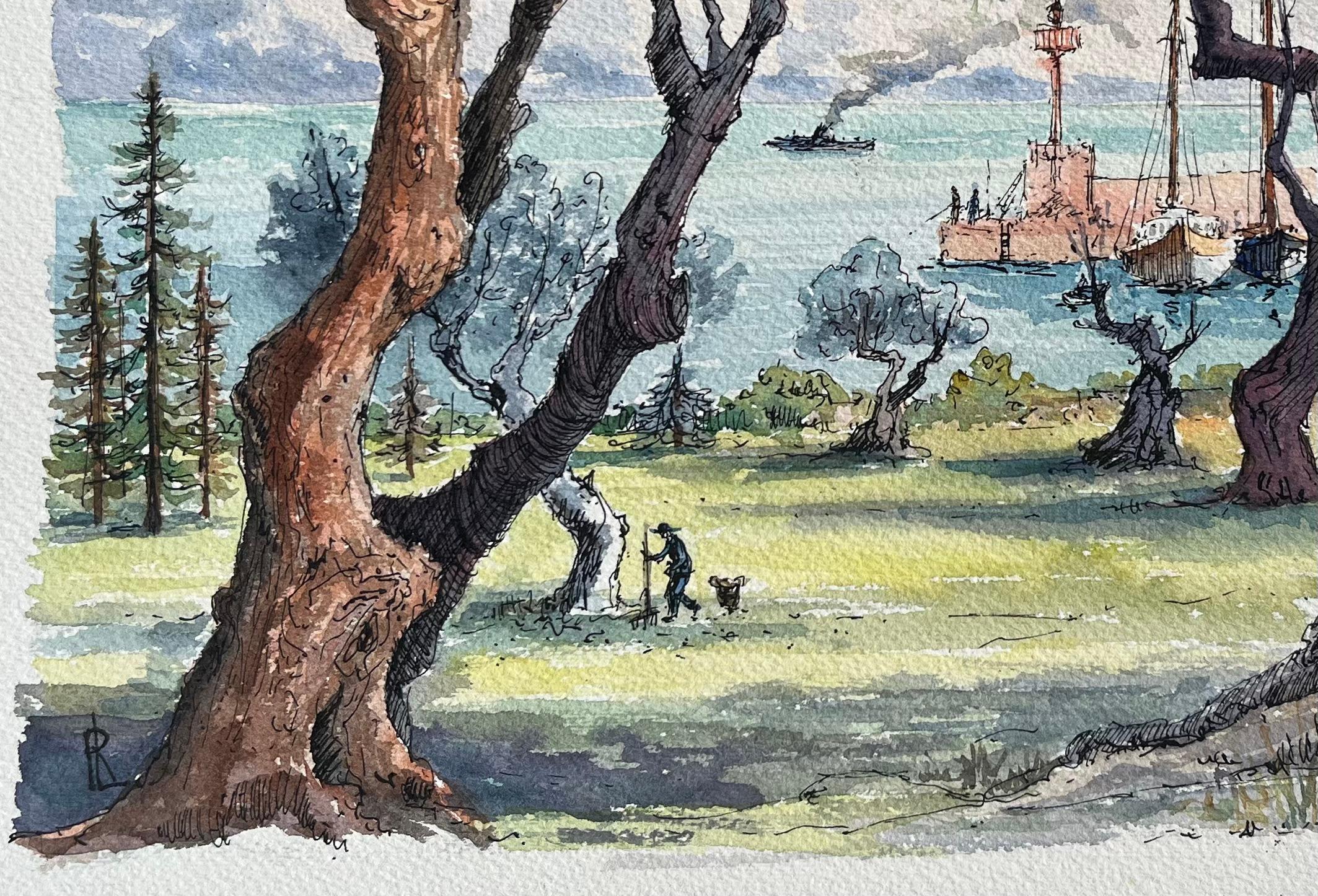 Título: Acuarela francesa de Beaulieu-sur-Mer con olivos y vista del puerto
de Robert Lepine (francés, 1929 - 2017)
Firmado: Sí
Técnica: Acuarela sobre papel de artista
Tamaño: 11,25 x 15 (alto x ancho)
Procedencia: De la colección del Atelier A del