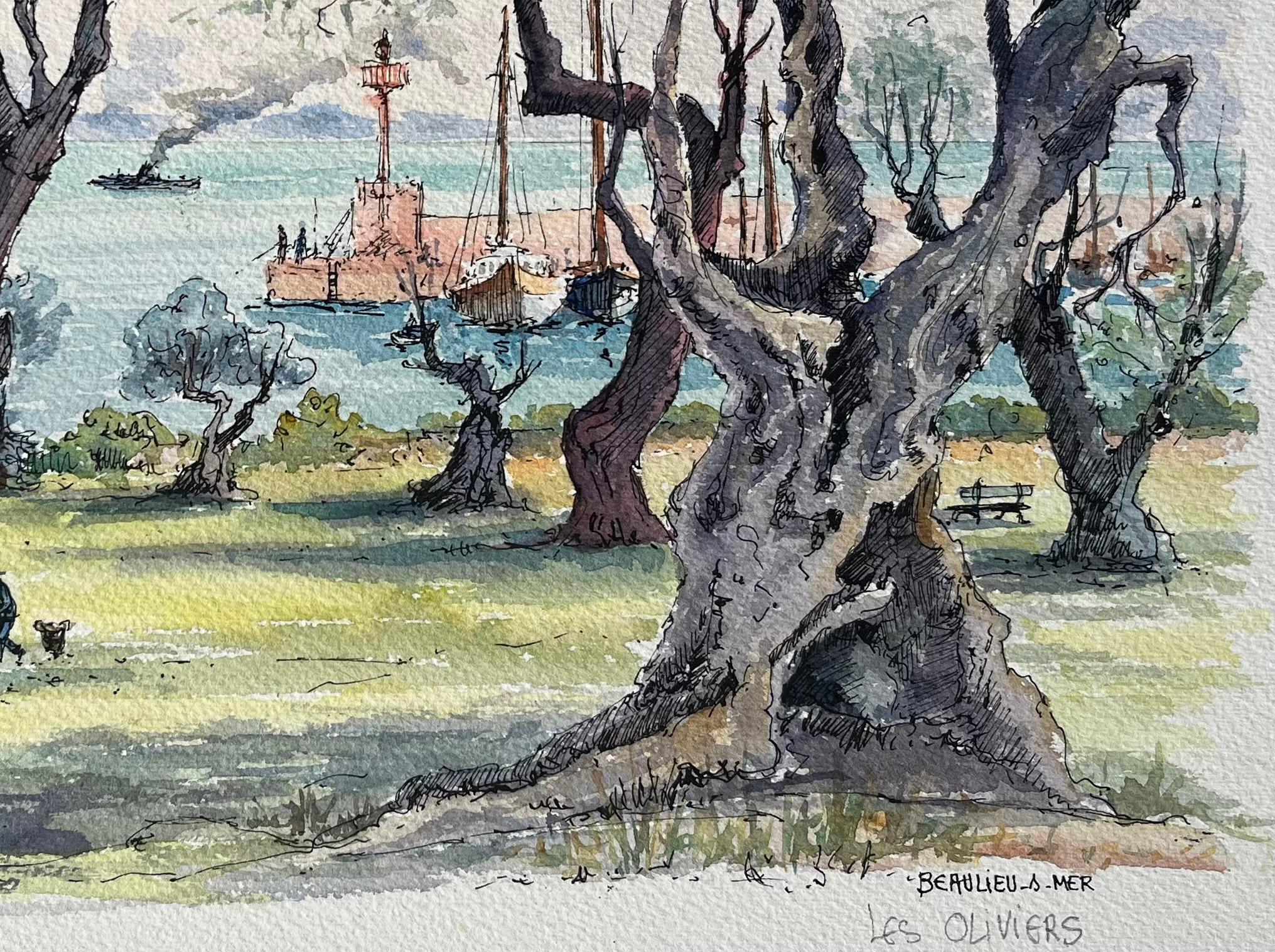Acuarela francesa de Beaulieu-sur-Mer con olivos y vista del puerto - Painting Escuela francesa de Robert Lepine (1929 - 2017)