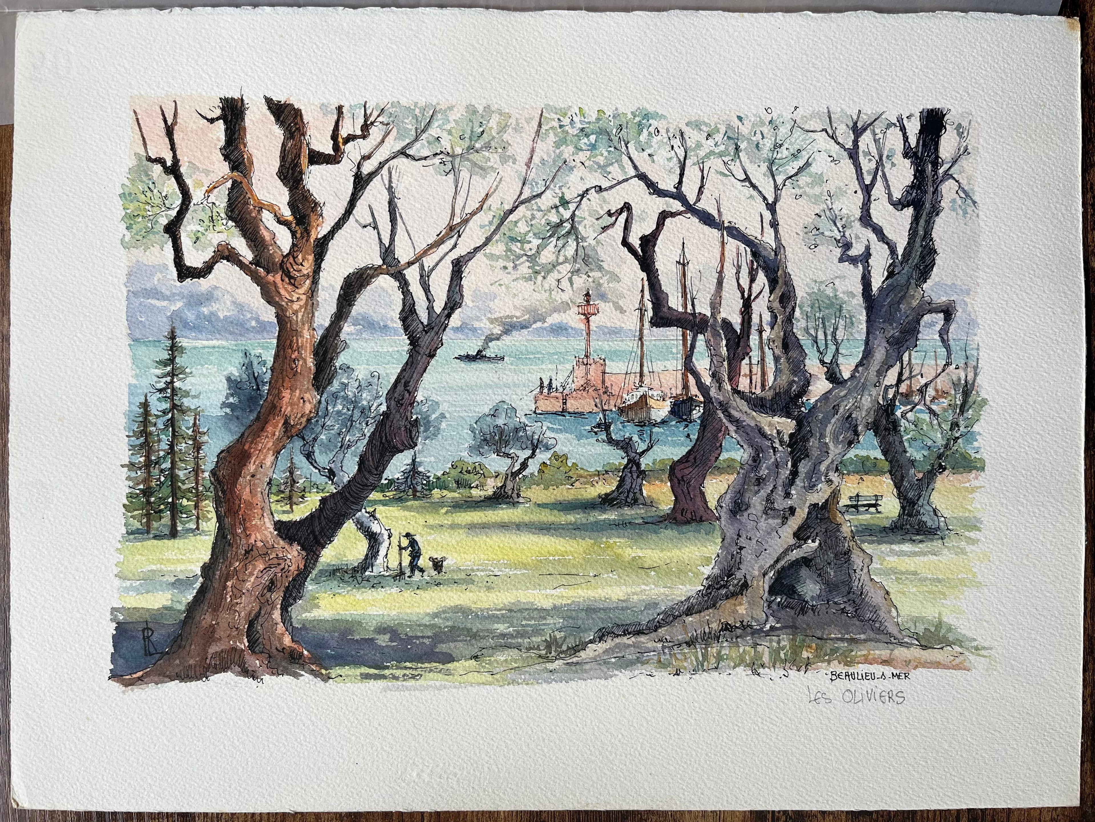 Acuarela francesa de Beaulieu-sur-Mer con olivos y vista del puerto - Painting de Robert Lepine (1929 - 2017)