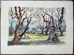 Aquarelle française de Beaulieu-sur-Mer avec arbres d'olivier et vue du port