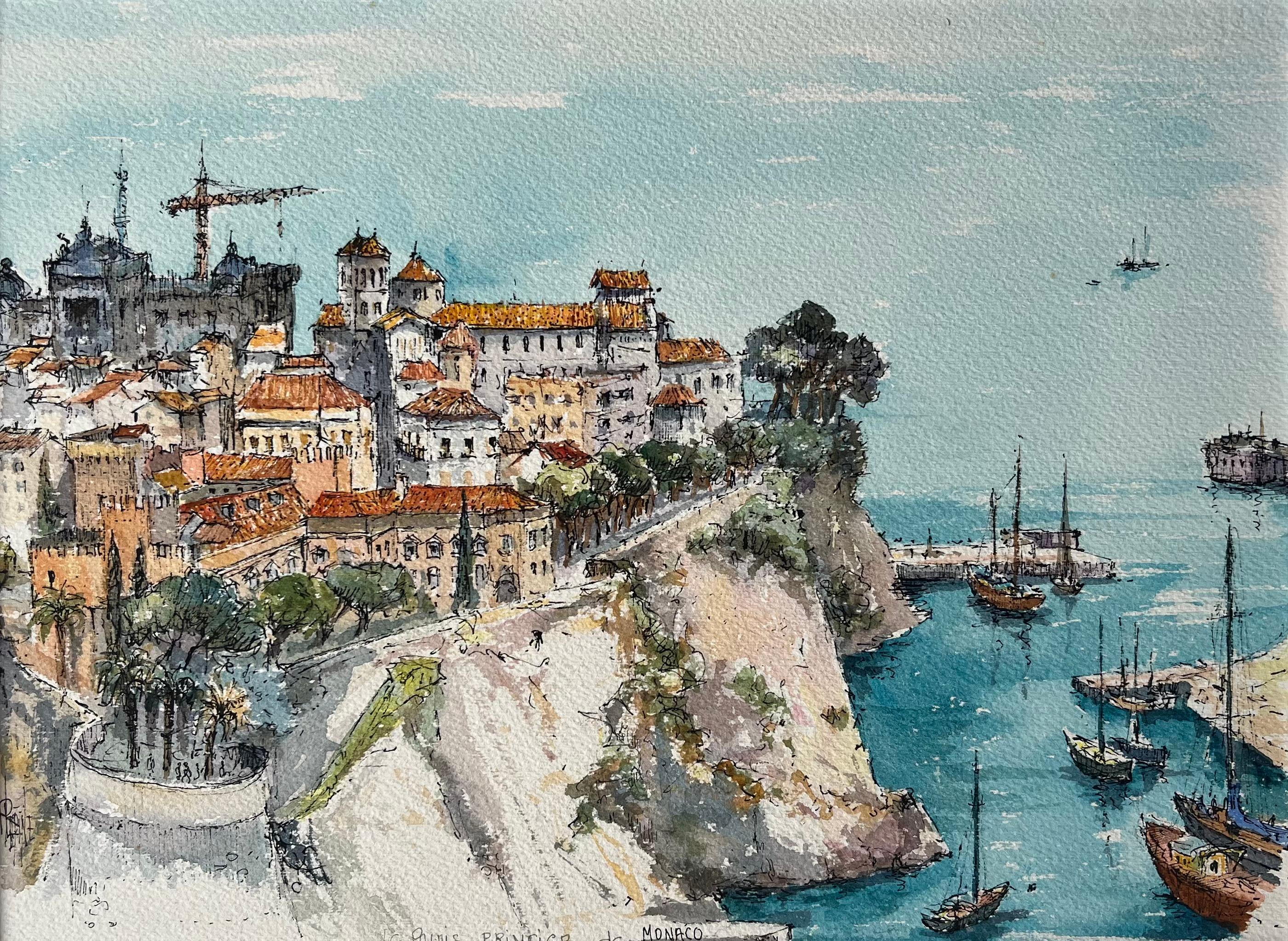 Landscape Painting Robert Lepine (1929 - 2017) - Aquarelle française de la vieille ville et du port de Monaco