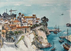 Acquerello francese della Townes e del porto di Monaco