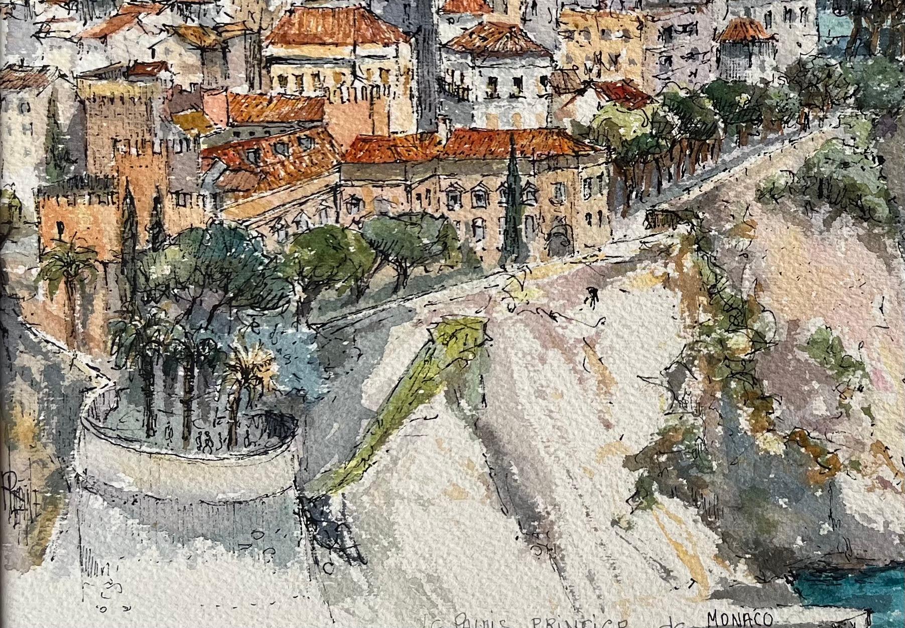 Aquarelle française de la vieille ville et du port de Monaco - École française Painting par Robert Lepine (1929 - 2017)