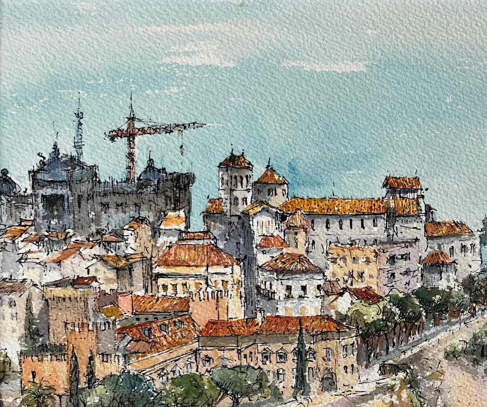 Aquarelle française de la vieille ville et du port de Monaco - Gris Landscape Painting par Robert Lepine (1929 - 2017)