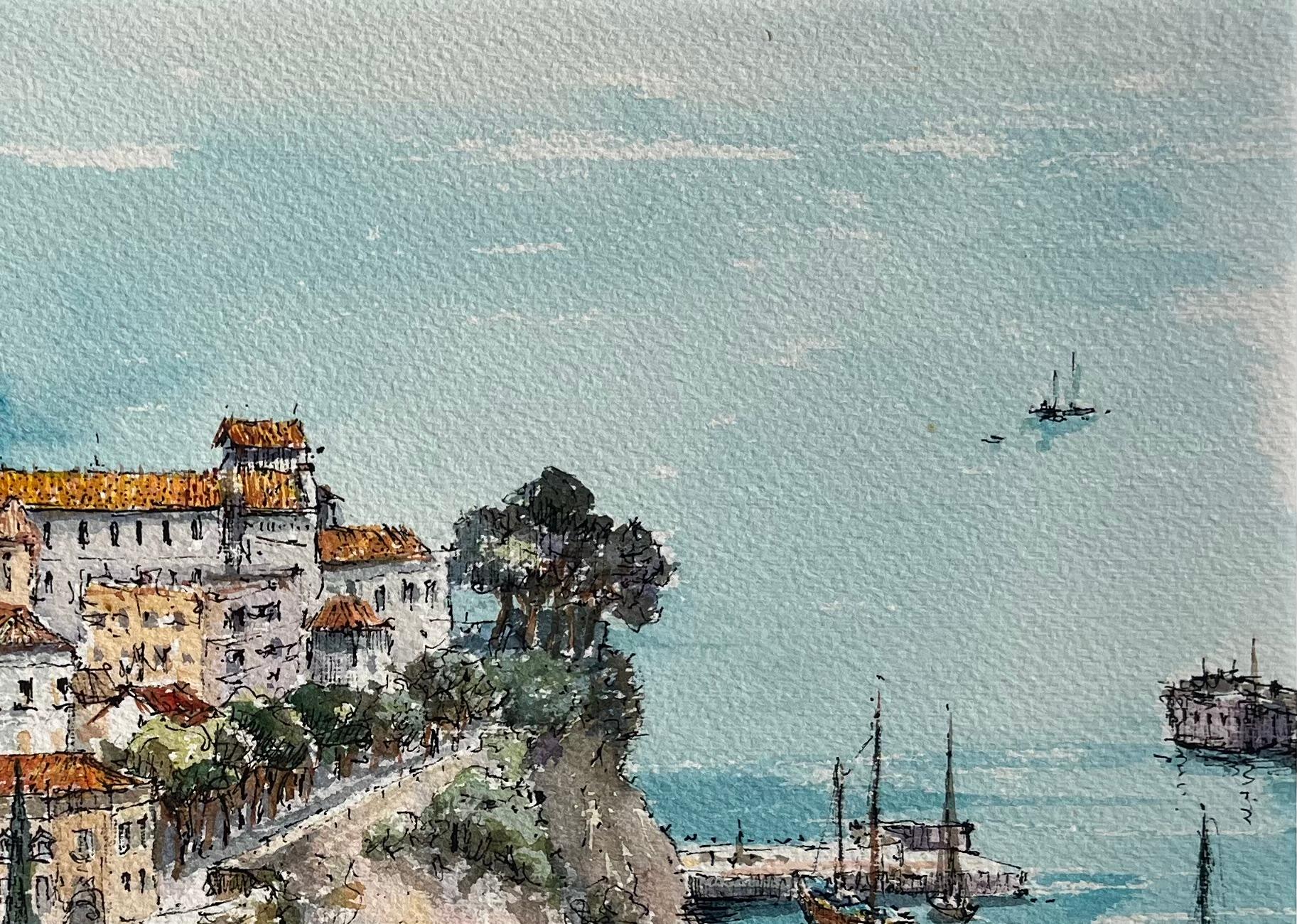Titre : Aquarelle française de la vieille ville et du port de Monaco
par Robert Lepine (français, 1929 - 2017)
Signé : Oui
Moyen : Aquarelle sur papier d'artiste, montée sur carte
Taille : 11,75 x 15,75 (hauteur x largeur)
Provenance : Collection de