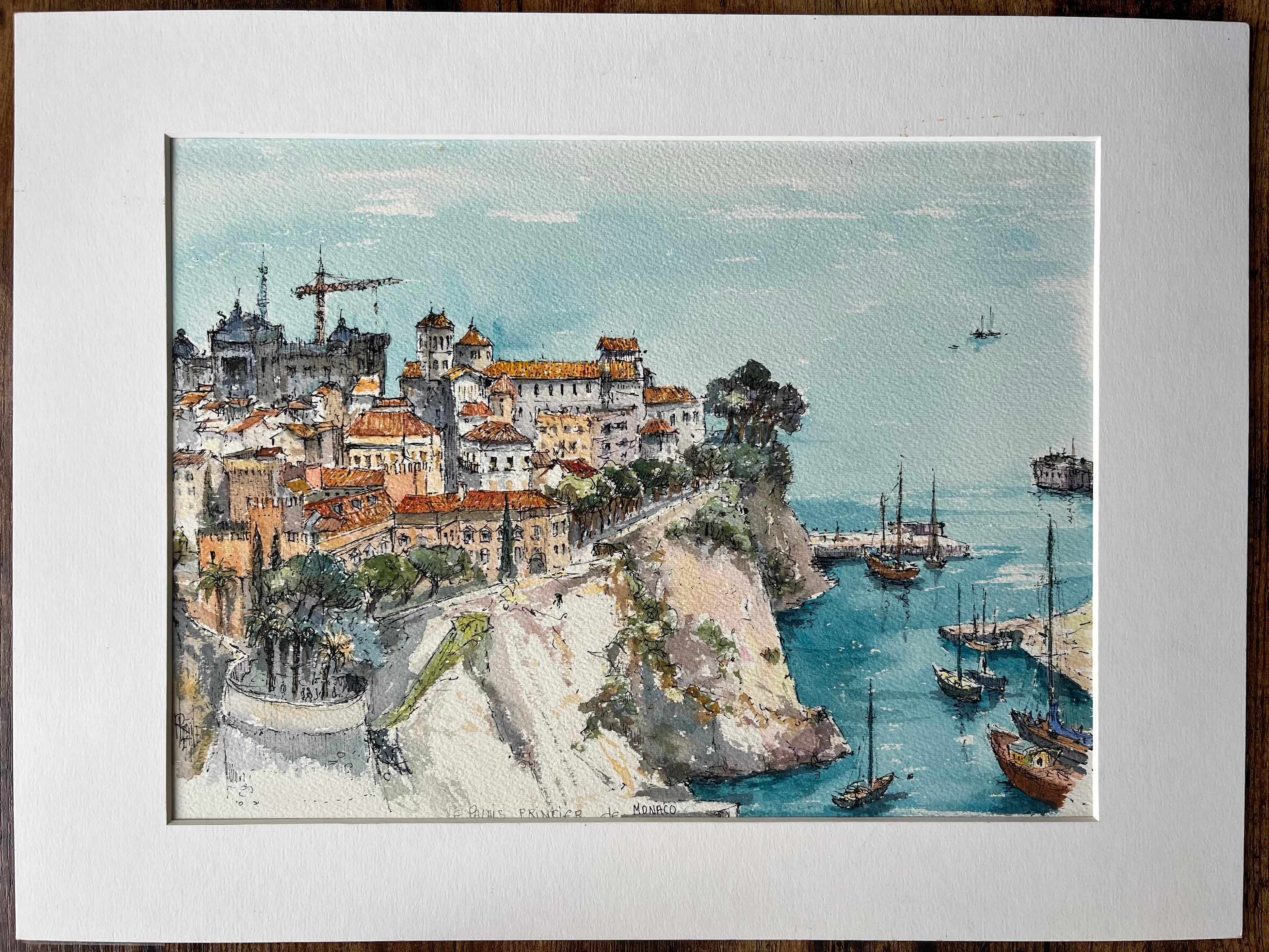 Aquarelle française de la vieille ville et du port de Monaco - Painting de Robert Lepine (1929 - 2017)