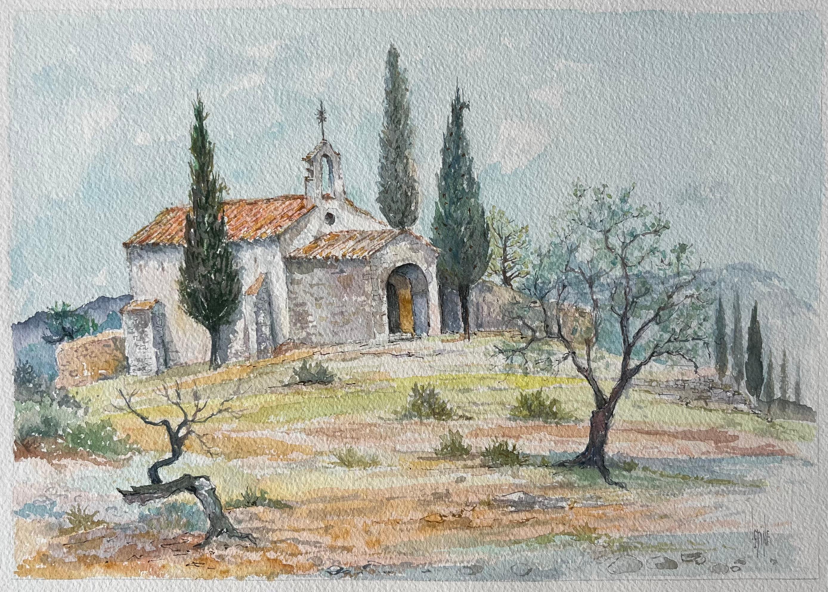 Acuarela Francesa de Capilla Rústica en el Campo de la Provenza