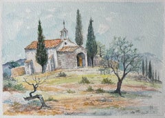 Acuarela Francesa de Capilla Rústica en el Campo de la Provenza