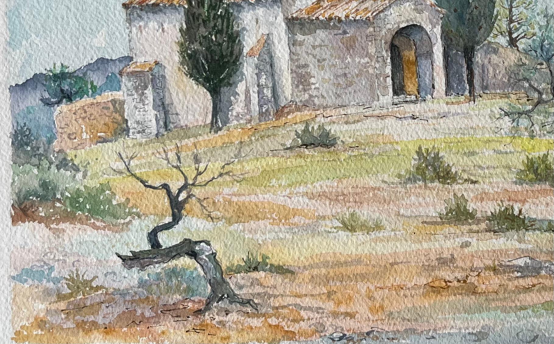 Französisches Aquarell einer rustikalen Kapelle in der Provence, Provence (Grau), Landscape Painting, von Robert Lepine (1929 - 2017)