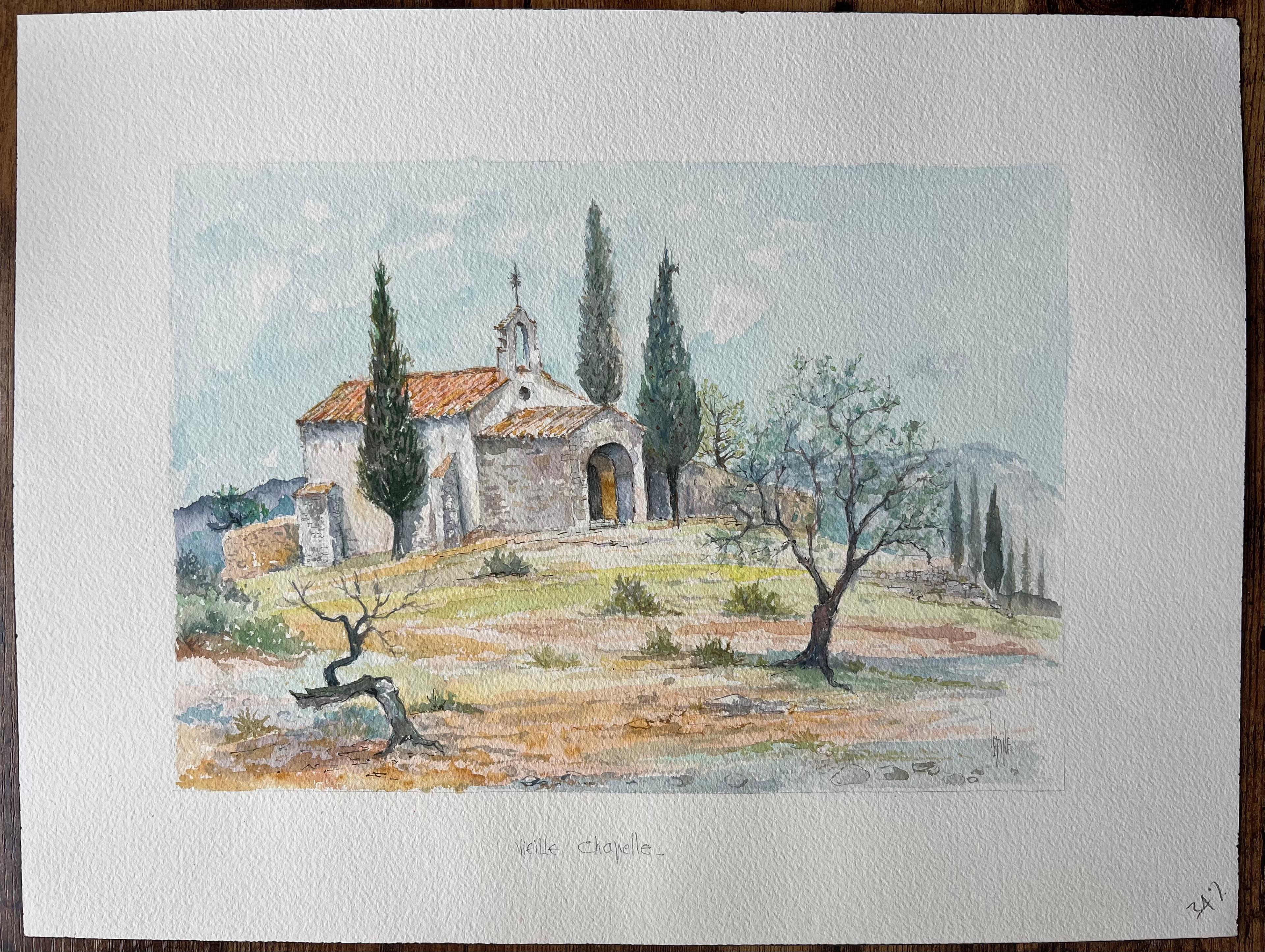 Französisches Aquarell einer rustikalen Kapelle in der Provence, Provence – Painting von Robert Lepine (1929 - 2017)