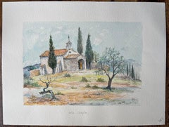 Aquarelle française d'une chapelle rustique dans la campagne provençale