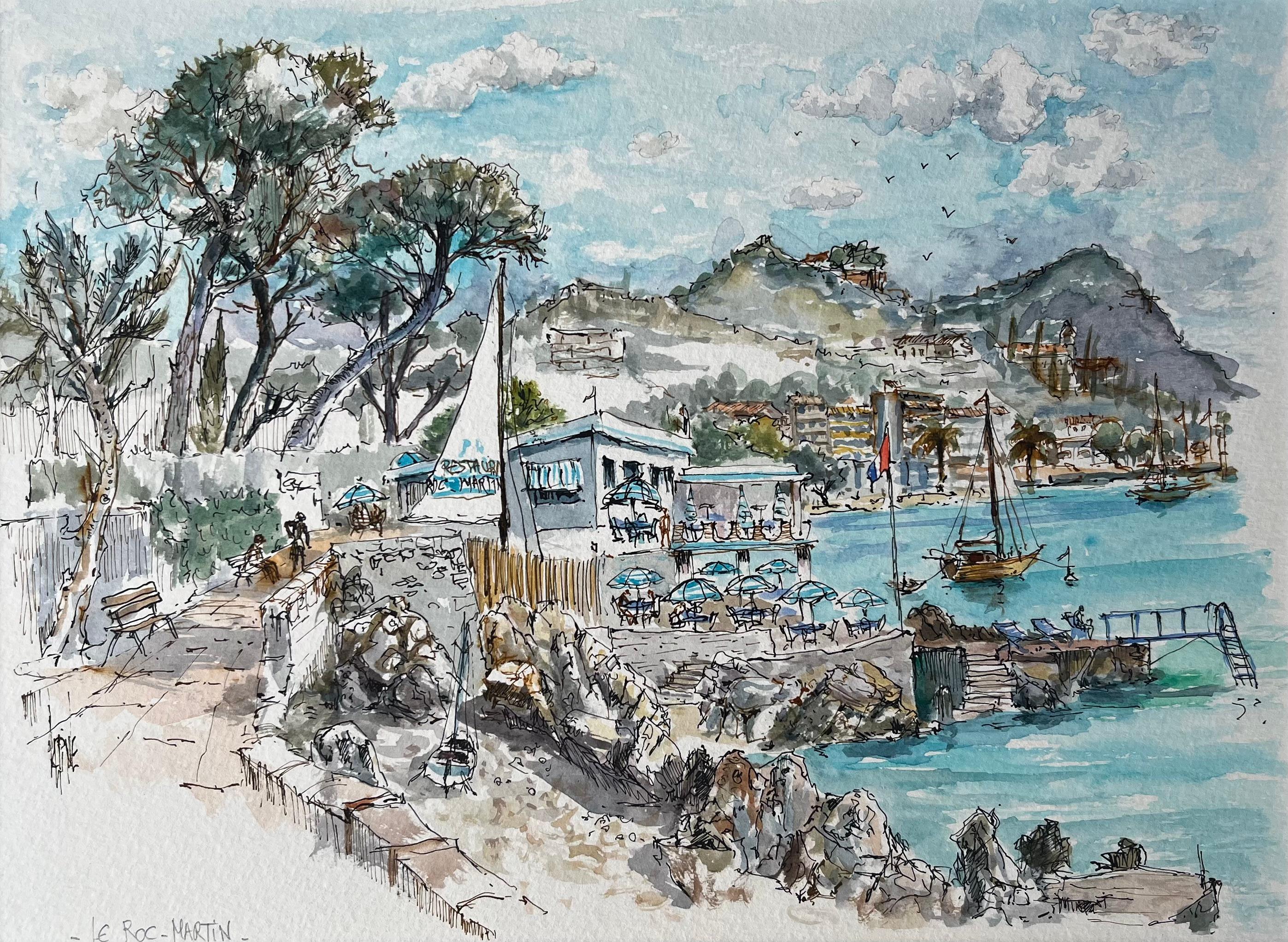 Acuarela francesa de Le Roc-Martin y Café a la orilla del mar