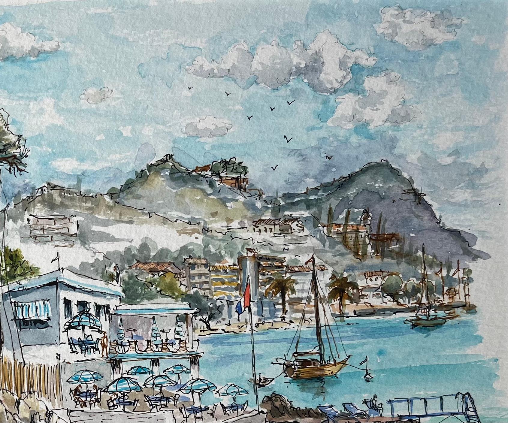French Watercolor of Le Roc-Martin and Seaside Café - French School Art by Robert Lepine (1929 - 2017)