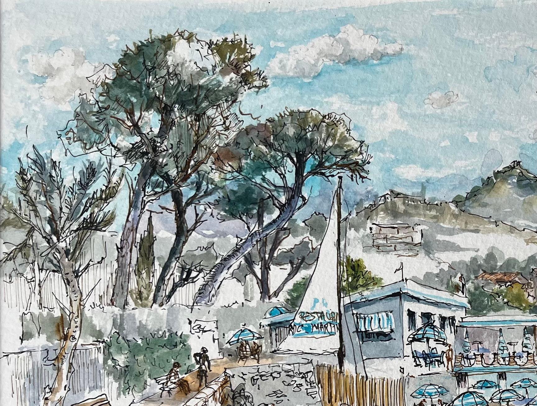 French Watercolor of Le Roc-Martin and Seaside Café - Gray Landscape Art by Robert Lepine (1929 - 2017)