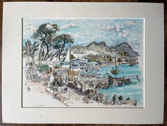 French Watercolor of Le Roc-Martin and Seaside Café