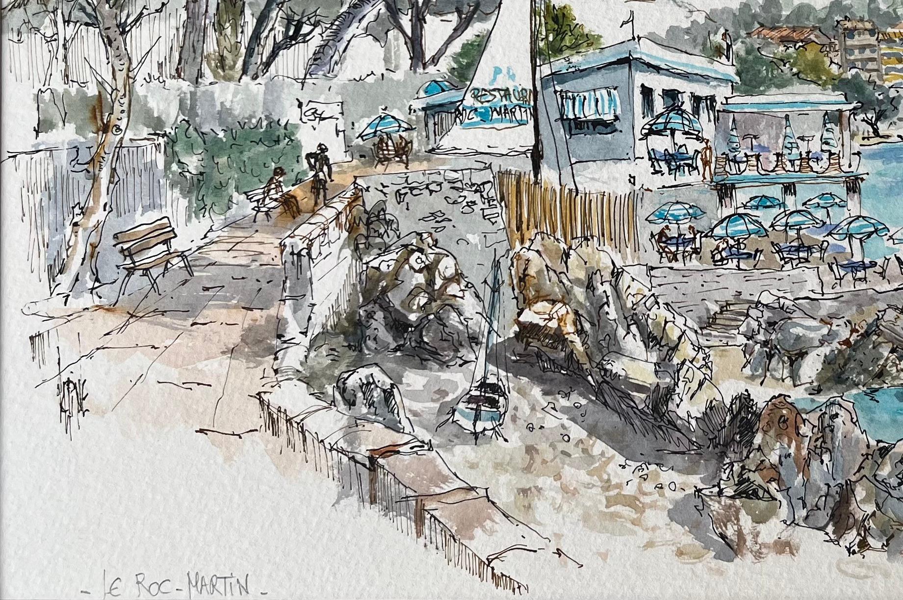 French Watercolor of Le Roc-Martin and Seaside Café For Sale 1
