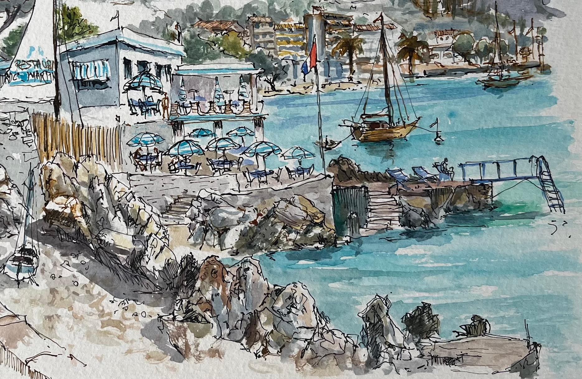 Title: French Watercolor of Le Roc-Martin and Seaside Café
by Robert Lepine (French, 1929 - 2017)
Signed: Yes
Medium: Watercolor painting on artists paper, mounted
Size: 11.75 x 15.75 (height x width)
Provenance: From the artists atelier collection,