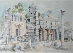 Acuarela francesa de antiguas ruinas romanas con arcos y columnas