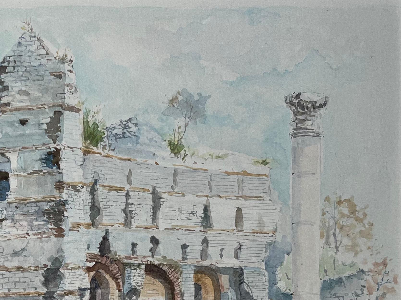 French Watercolor of Ancient Roman Ruins with Arches and Columns - Gray Landscape Painting by Robert Lepine (1929 - 2017)