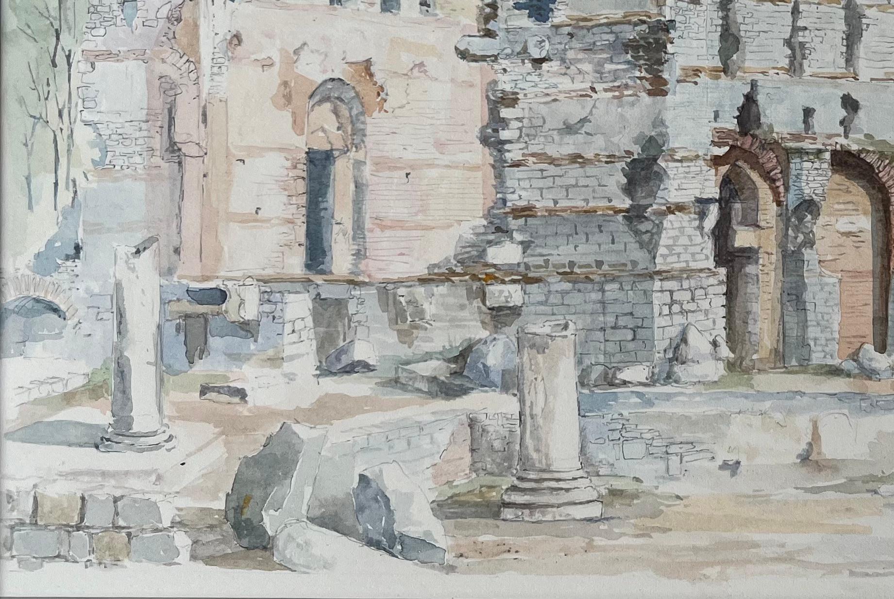 French Watercolor of Ancient Roman Ruins with Arches and Columns For Sale 1
