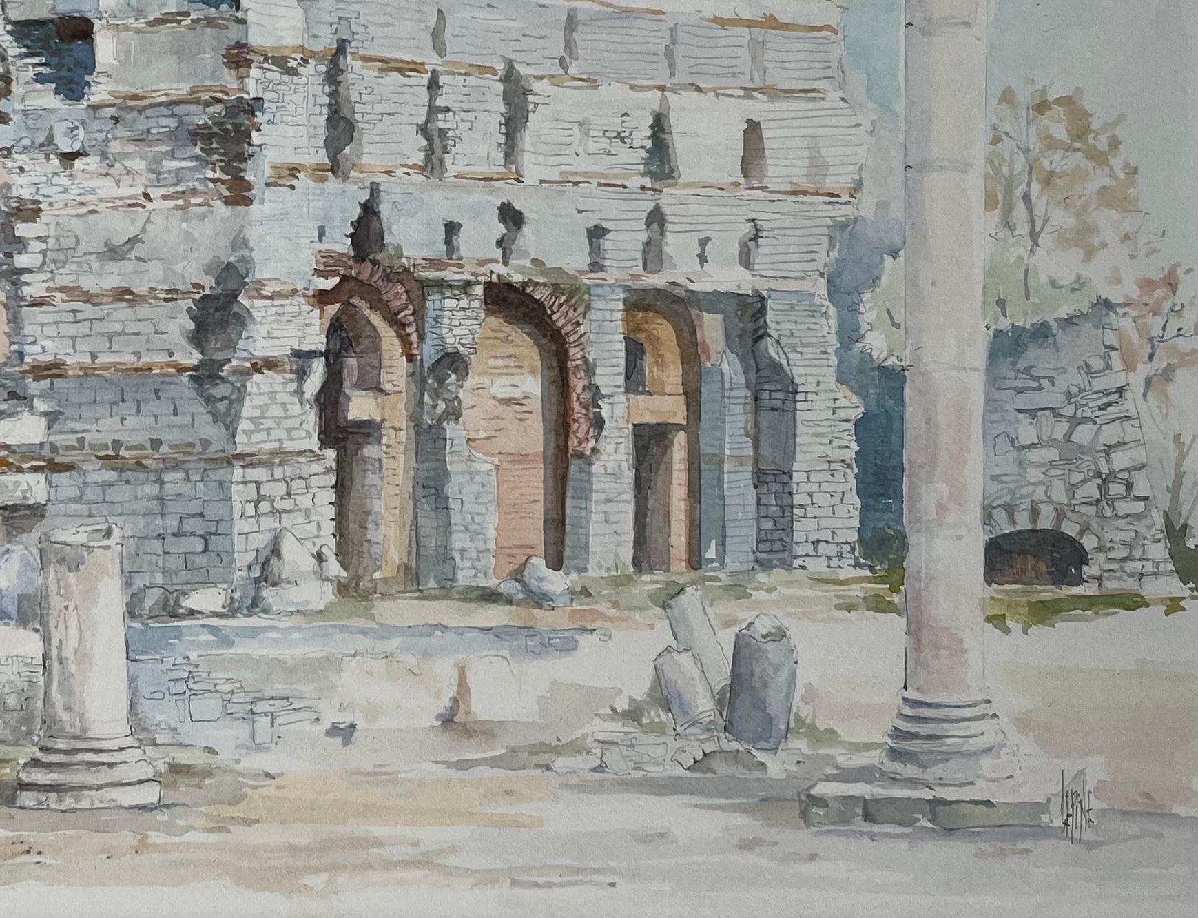 Title: French Watercolor of Ancient Roman Ruins with Arches and Columns
by Robert Lepine (French, 1929 - 2017)
Signed: Yes
Medium: Watercolor painting on artists paper, mounted on card
Size: 11.75 x 15.75 (height x width)
Provenance: From the