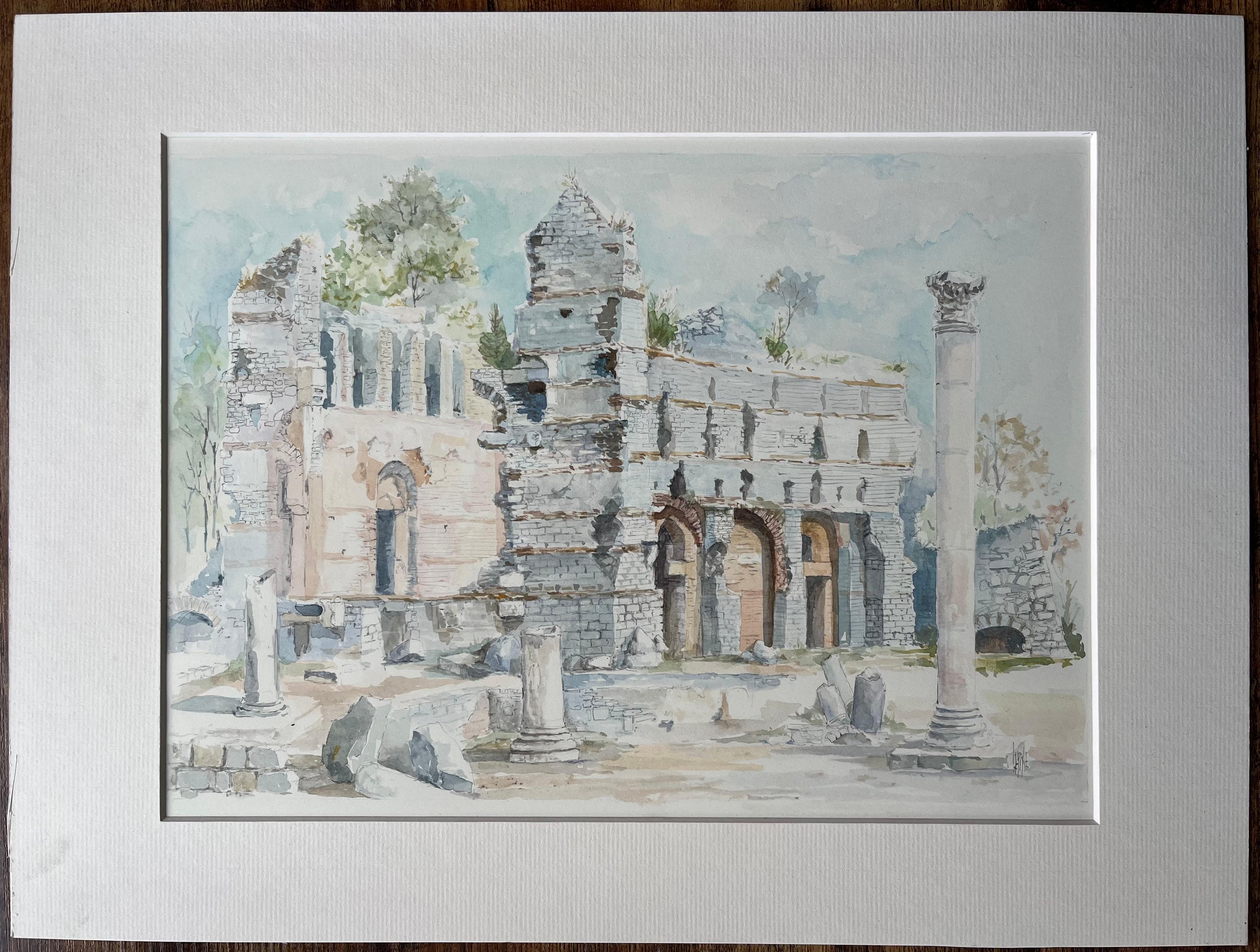 French Watercolor of Ancient Roman Ruins with Arches and Columns - Painting by Robert Lepine (1929 - 2017)