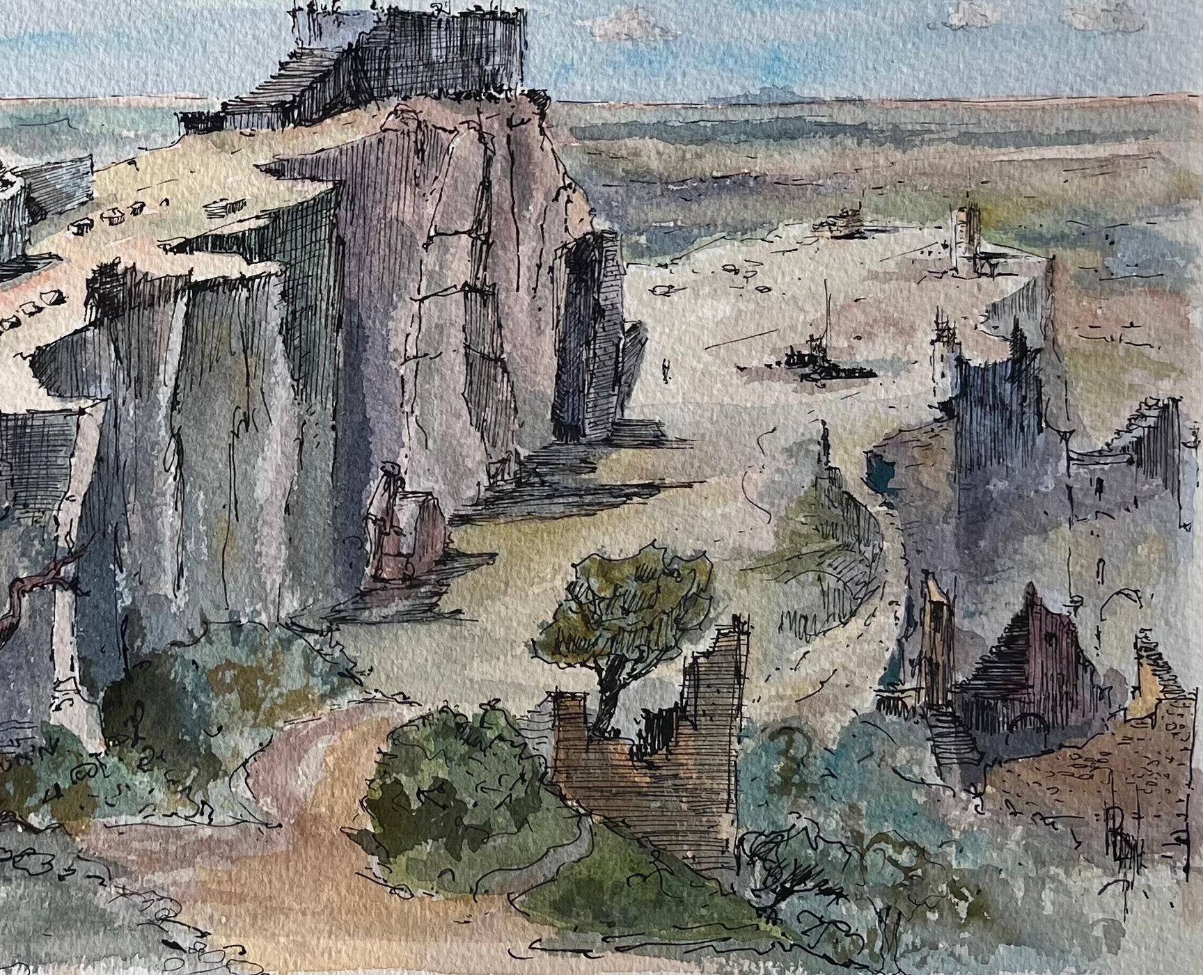 Französisches Aquarell von Les Baux-de-Provence mit Ruinen und Cliffside Path, Französisch (Französische Schule), Painting, von Robert Lepine (1929 - 2017)
