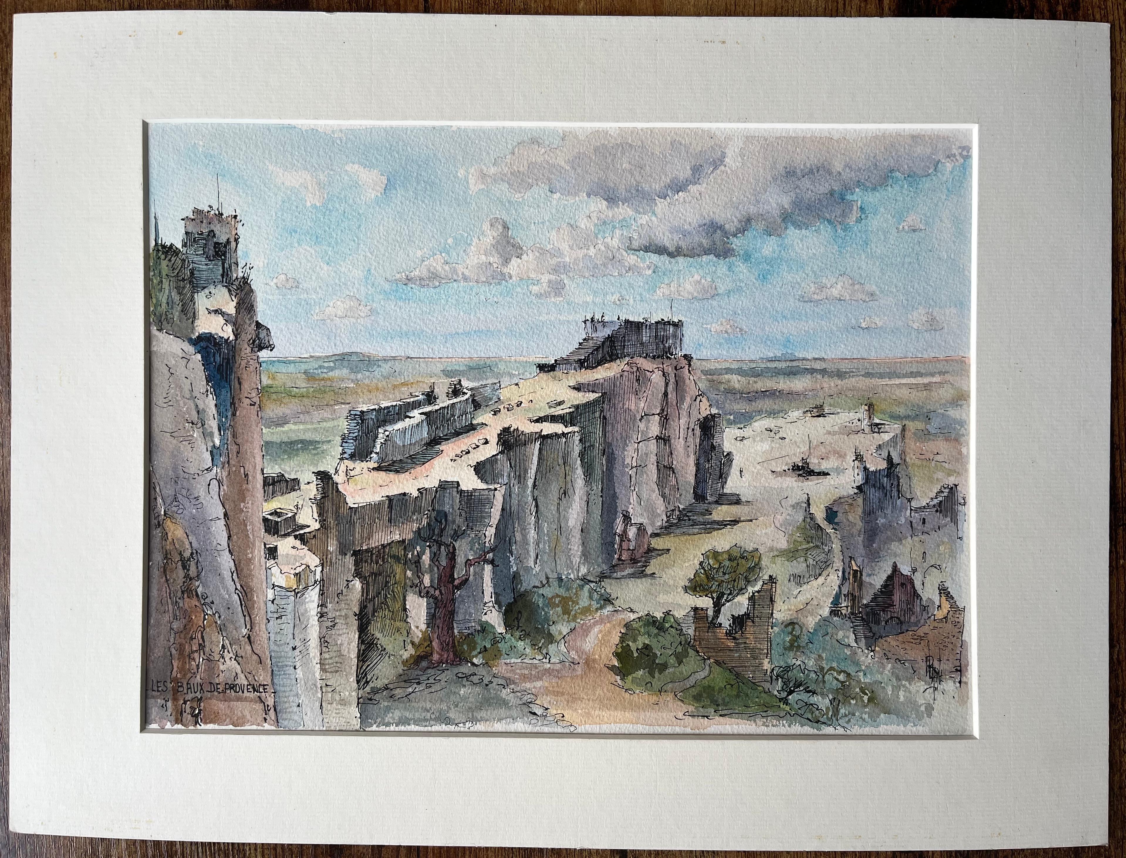 Französisches Aquarell von Les Baux-de-Provence mit Ruinen und Cliffside Path, Französisch – Painting von Robert Lepine (1929 - 2017)