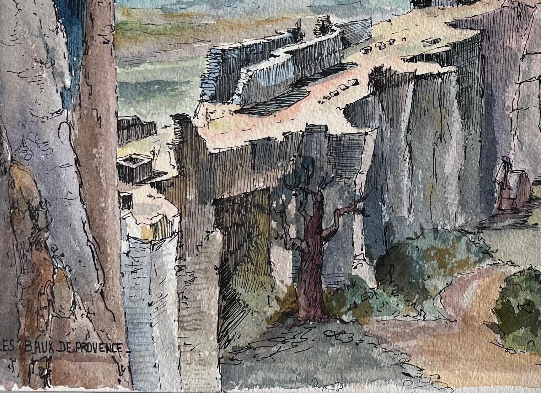 Französisches Aquarell von Les Baux-de-Provence mit Ruinen und Cliffside Path, Französisch im Angebot 1