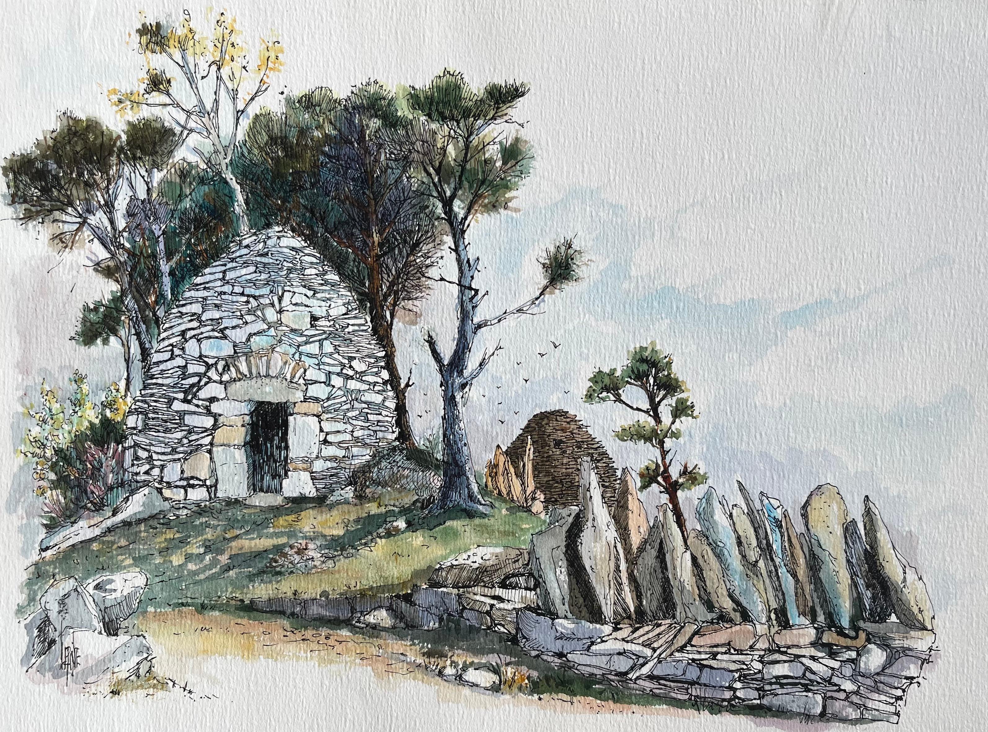 Landscape Painting de Robert Lepine (1929 - 2017) - Acuarela francesa de una cabaña de pastores de piedra en Les Baux-de-Provence
