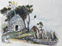 French Watercolor of a Stone Shepherd's Hut in Les Baux-de-Provence