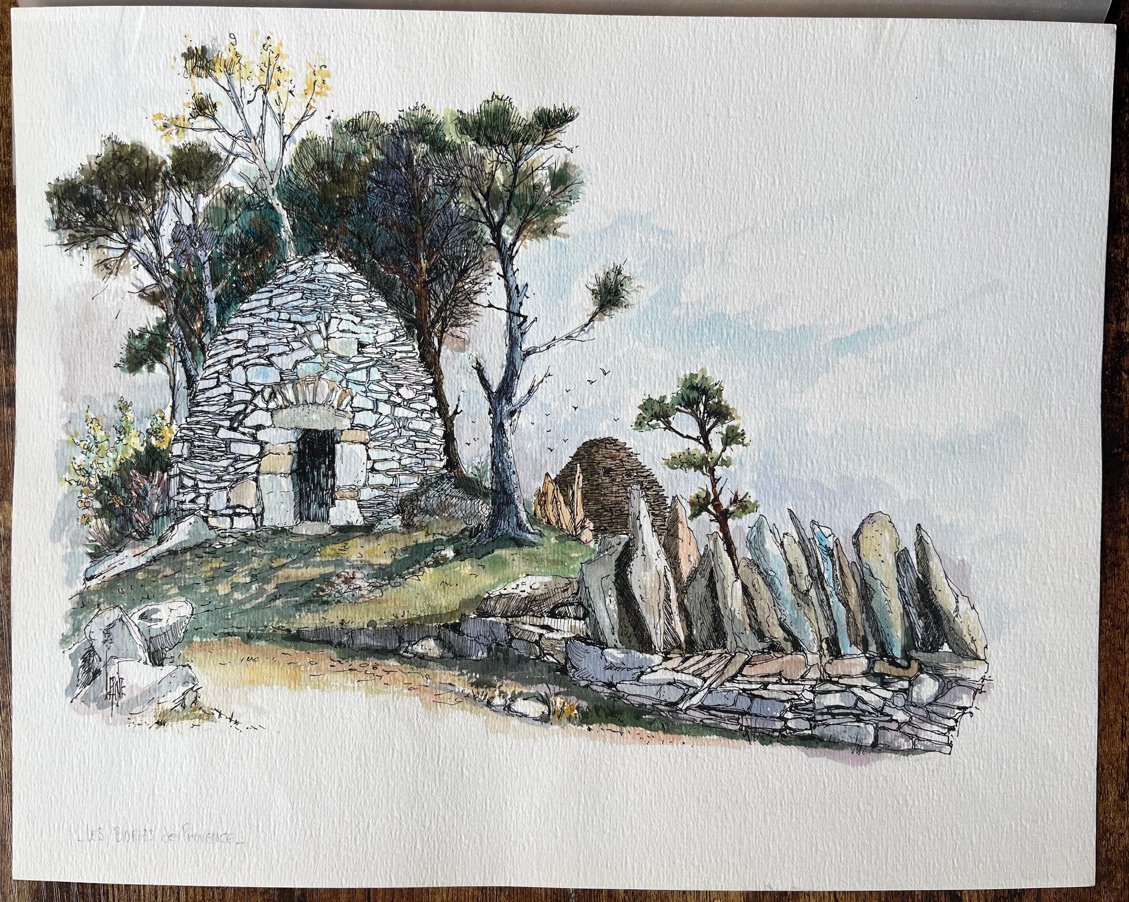 Acuarela francesa de una cabaña de pastores de piedra en Les Baux-de-Provence - Painting de Robert Lepine (1929 - 2017)