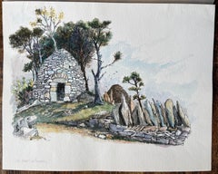 French Watercolor of a Stone Shepherd's Hut in Les Baux-de-Provence