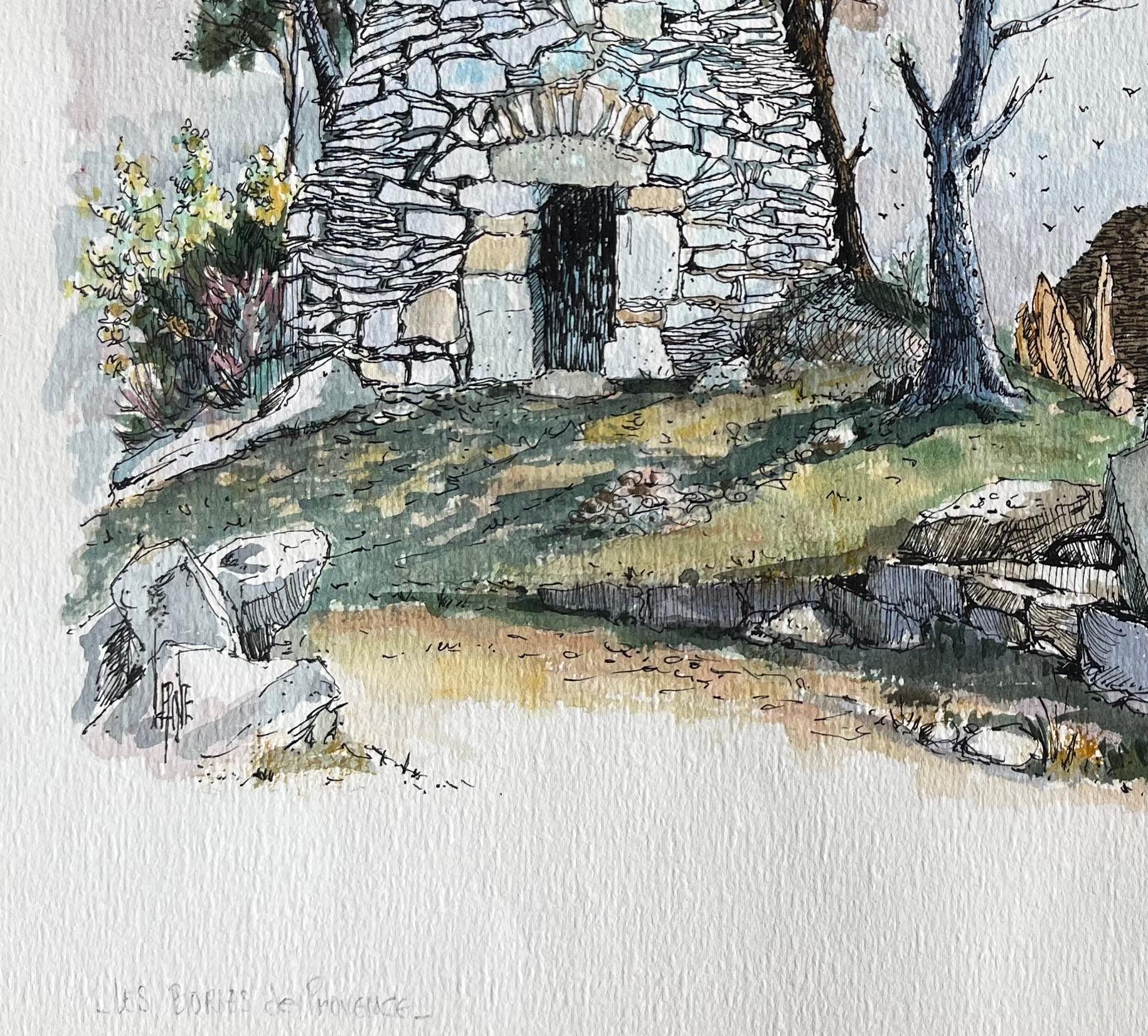 Acuarela francesa de una cabaña de pastores de piedra en Les Baux-de-Provence - Landscape Painting Gris de Robert Lepine (1929 - 2017)