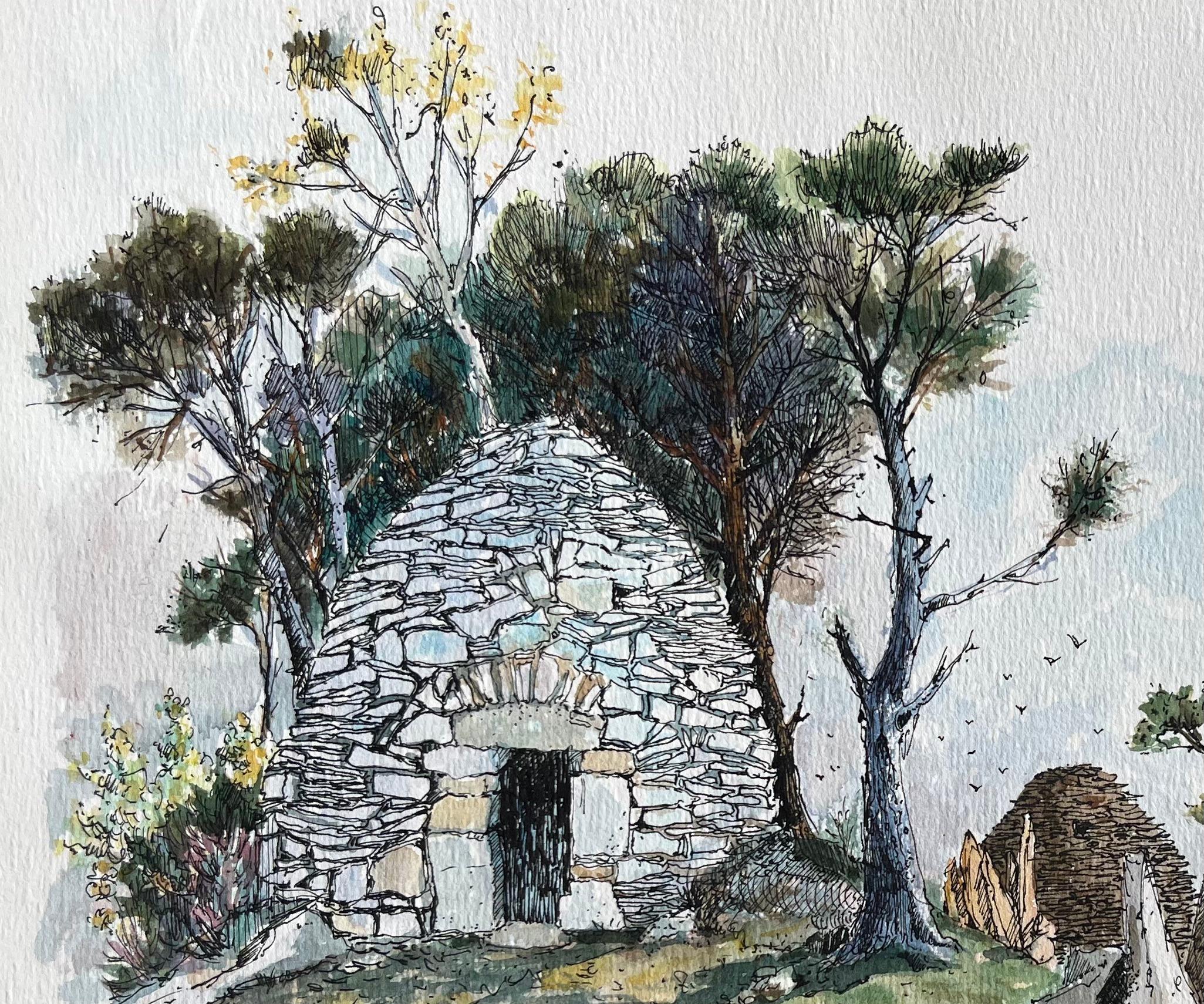 Acuarela francesa de una cabaña de pastores de piedra en Les Baux-de-Provence - Painting Escuela francesa de Robert Lepine (1929 - 2017)