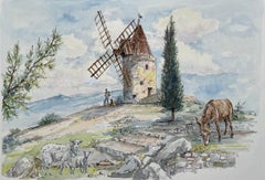 Acquerello francese del Moulin de Daudet a Fontvieille in Provenza