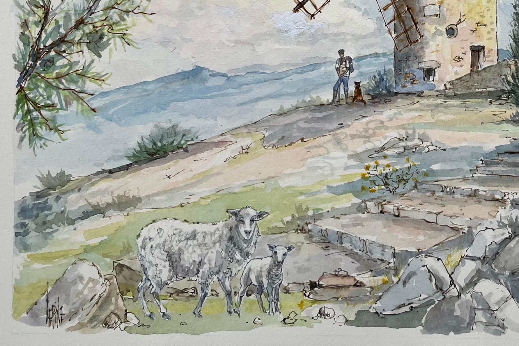 Acuarela francesa del Moulin de Daudet en Fontvieille Provenza en venta 1