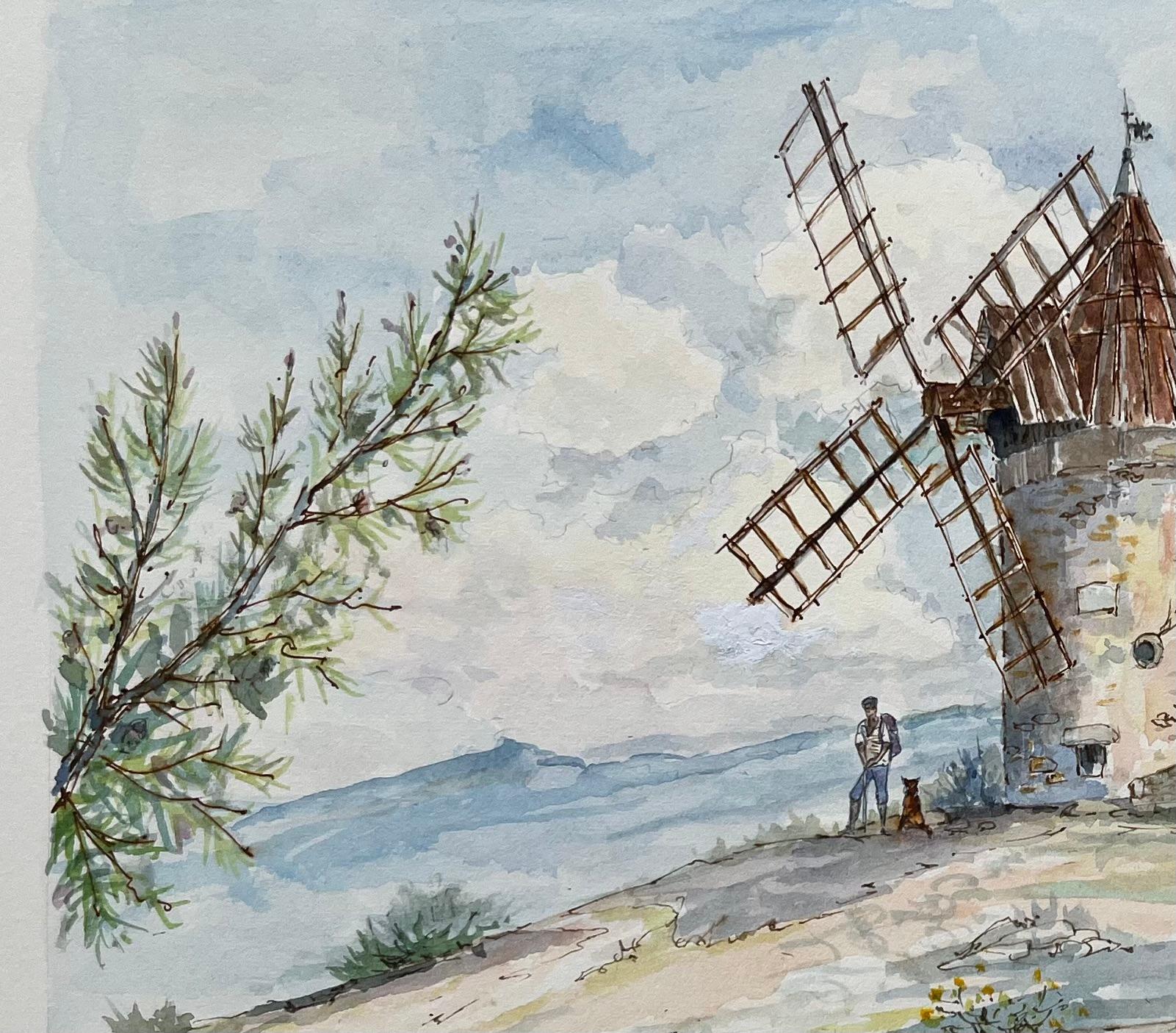 Acuarela francesa del Moulin de Daudet en Fontvieille Provenza - Painting Escuela francesa de Robert Lepine (1929 - 2017)