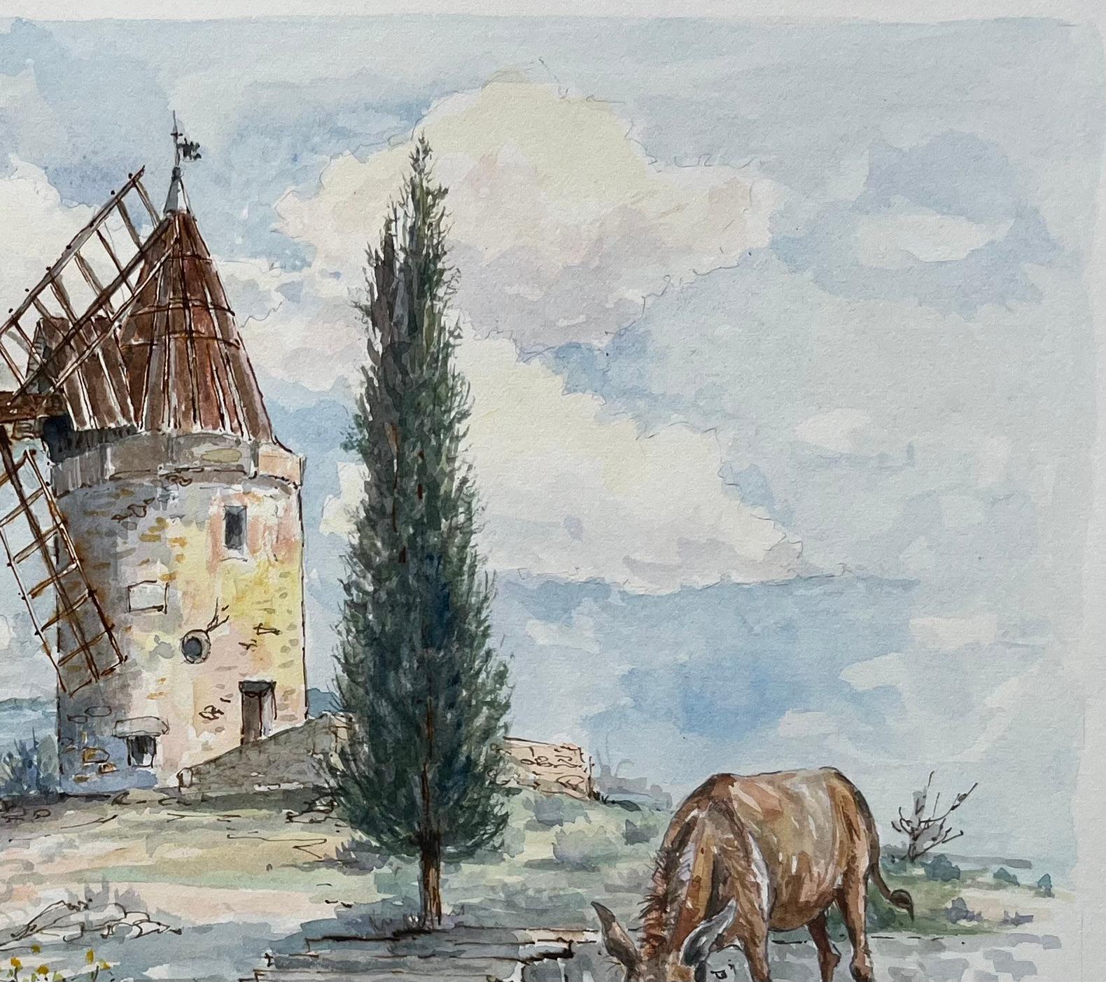 Acuarela francesa del Moulin de Daudet en Fontvieille Provenza - Landscape Painting Gris de Robert Lepine (1929 - 2017)