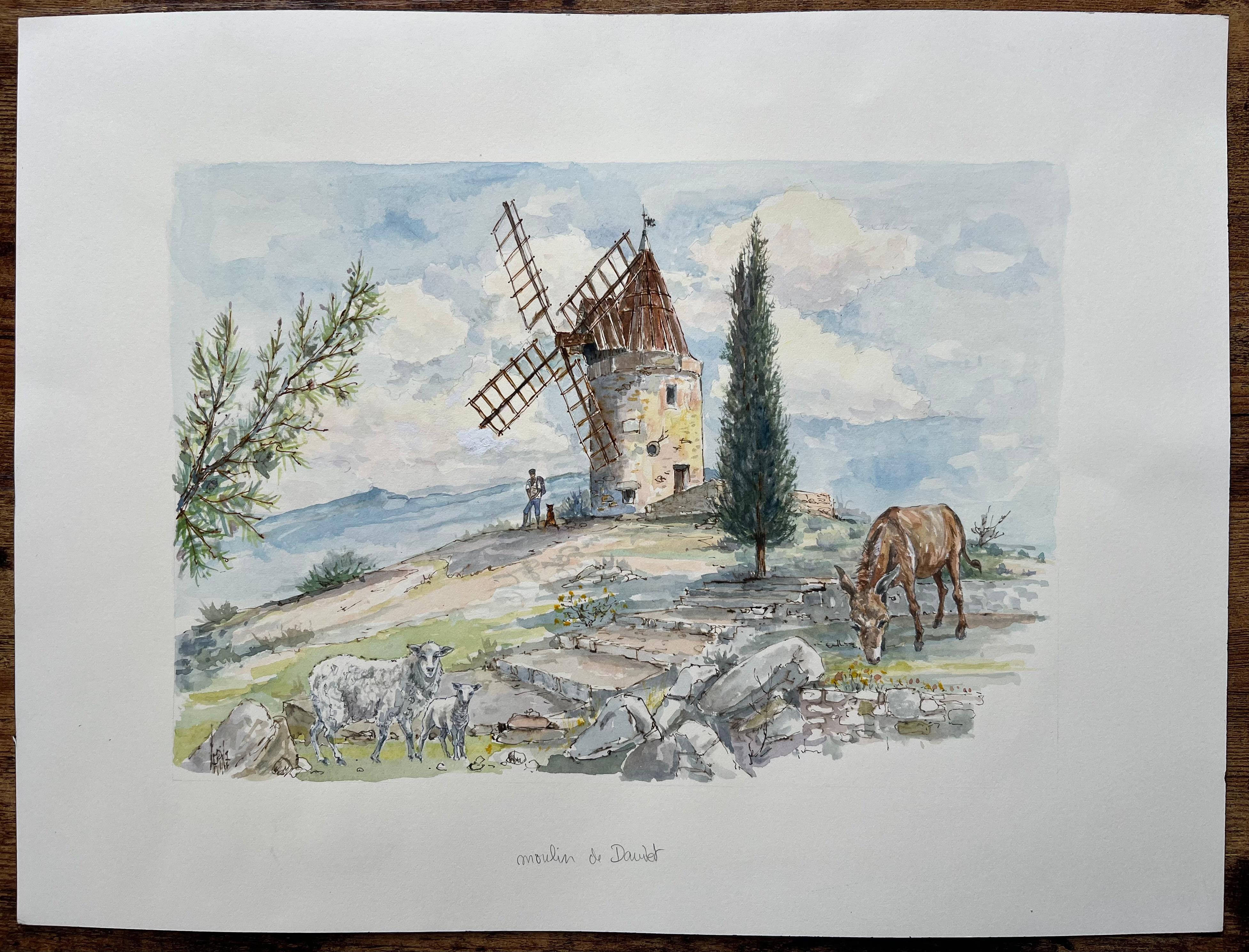 Acuarela francesa del Moulin de Daudet en Fontvieille Provenza - Painting de Robert Lepine (1929 - 2017)