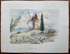 French Watercolor of Moulin de Daudet in Fontvieille Provence