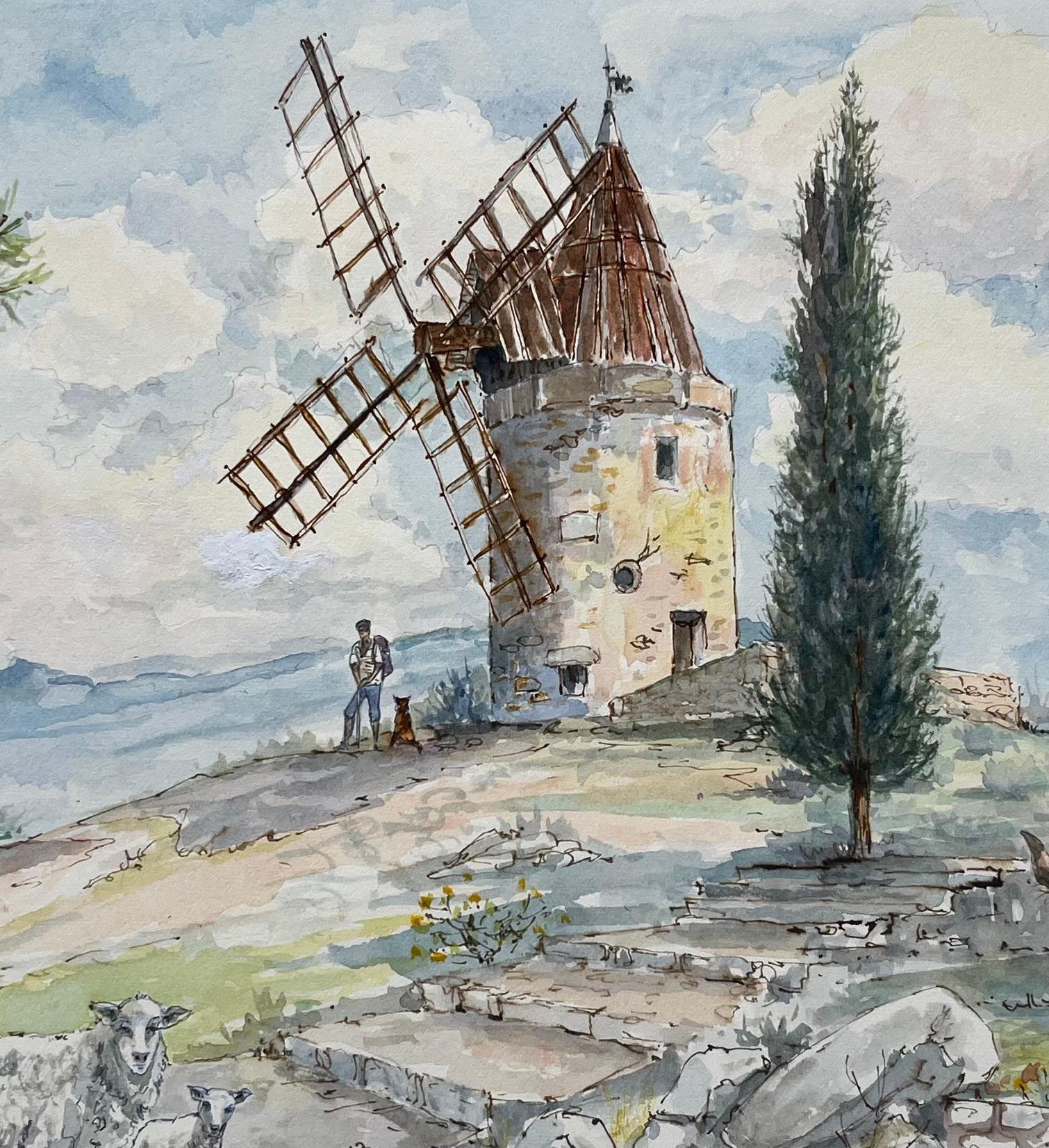 Título: Acuarela francesa del Moulin de Daudet en Fontvieille, Provenza
de Robert Lepine (francés, 1929 - 2017)
Firmado: Sí
Técnica: Acuarela sobre papel de artista
Tamaño: 12,25 x 16,25 (alto x ancho)
Procedencia: De la colección del Atelier A del