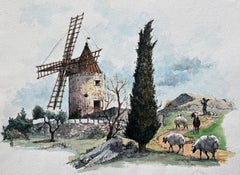 Französisches Aquarell von Moulin de Daudet in Fontvieille, Provence