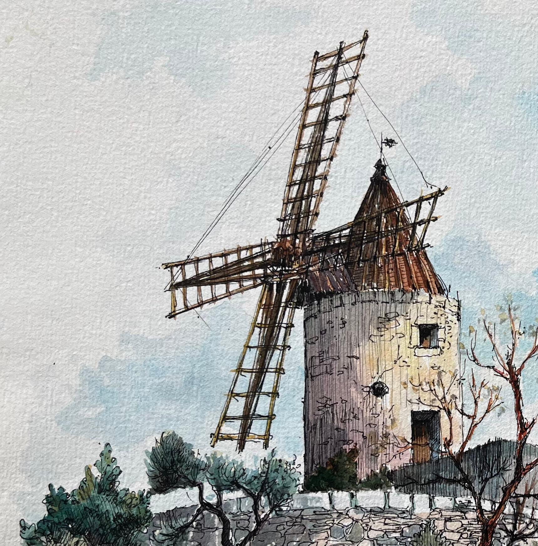 Acuarela francesa del Moulin de Daudet en Fontvieille Provenza - Painting Escuela francesa de Robert Lepine (1929 - 2017)