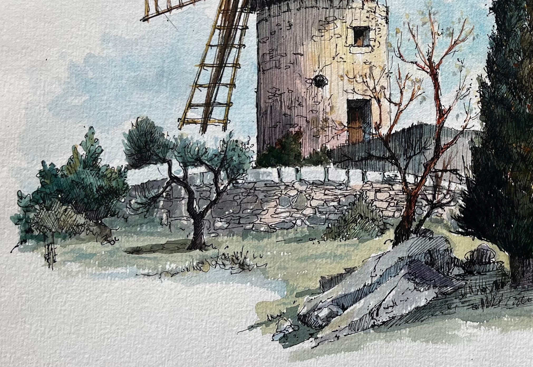 Acuarela francesa del Moulin de Daudet en Fontvieille Provenza - Landscape Painting Gris de Robert Lepine (1929 - 2017)