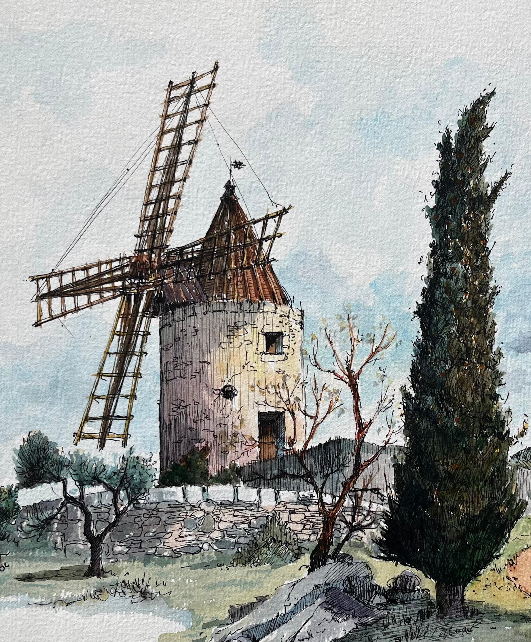 Acuarela francesa del Moulin de Daudet en Fontvieille Provenza en venta 2