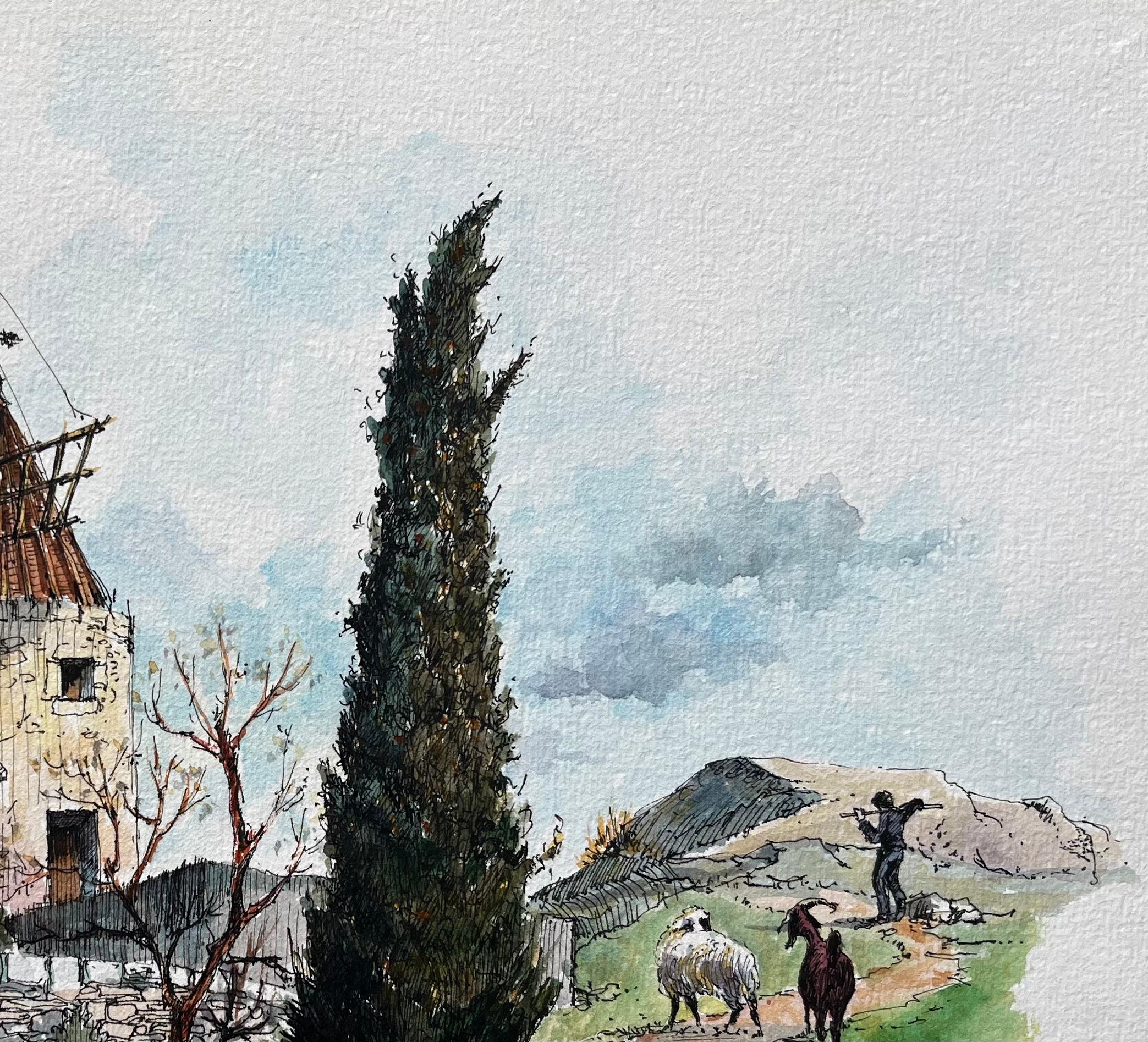 Acuarela francesa del Moulin de Daudet en Fontvieille Provenza en venta 1
