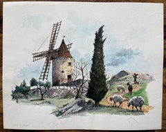 French Watercolor of Moulin de Daudet in Fontvieille Provence