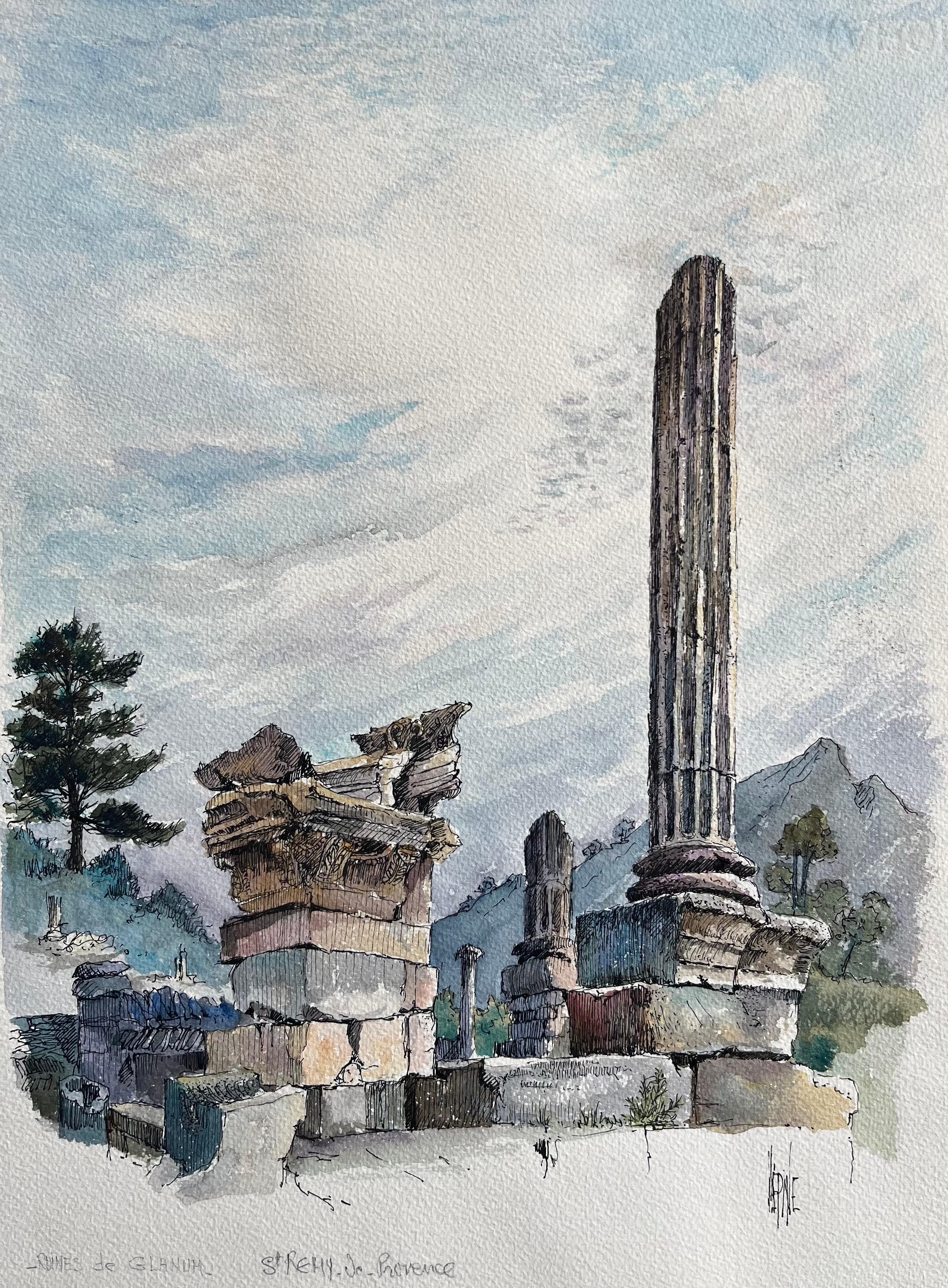 Landscape Painting de Robert Lepine (1929 - 2017) - Acuarela francesa de las ruinas de Glanum en Saint-Rémy-de-Provence